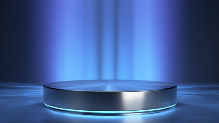 Sleek and modern metallic podium with blue lighting, perfect for product showcases and futuristic presentations, creating a hightech and sophisticated ambiance