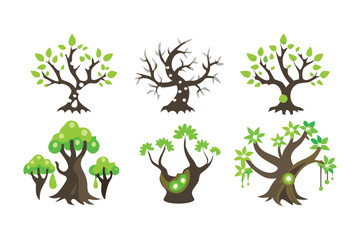 Whimsical Trees: A collection of stylized trees in vibrant greens and browns, inviting imagination and nature's charm.