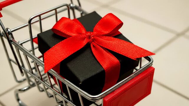 Gift box in shopping cart with red ribbon. Perfect for celebrations, holidays, and special occasions. Shopping experience evokes joy and excitement.