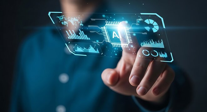 Person touching AI interface with charts and data visualizations artificial intelligence