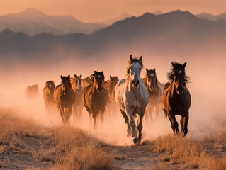 a group of horses running gallop on a dusty field. The horses are of different colors, with one leading horse being notably brown and white.