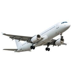 A modern white passenger jet airplane ascending into the sky isolated on transparent background
