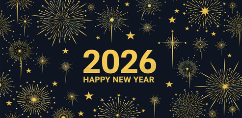 Happy New Year 2026 Festive Gold Fireworks & Stars on Navy Background for Celebration