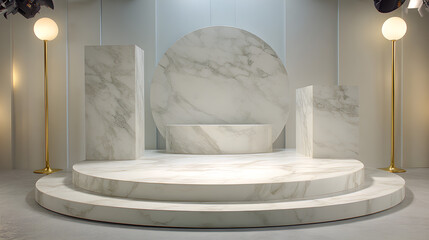 Minimalist marble stage with geometric shapes and soft lighting, perfect for showcasing products or creating a serene and elegant presentation