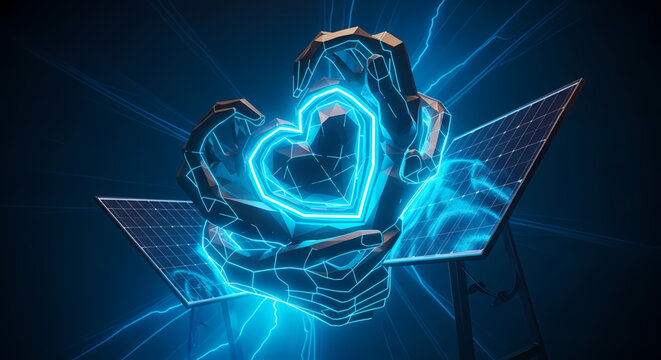 Glowing wireframe hands hold a radiant blue heart, embodying the fusion of technology, clean energy, and human connection for a sustainable, brighter future