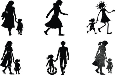 Mother, child, silhouette, walking, parenting, bonding, flower, hula hoop, love, care, family, black, vector, illustration, woman, girl, nurturing, lifestyle, companionship, activity