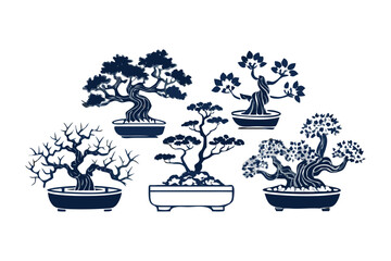 Artistic Bonsai Collection: An artistic representation of five exquisite bonsai trees, each showcasing unique forms and meticulously crafted shapes, set against a clean backdrop. 