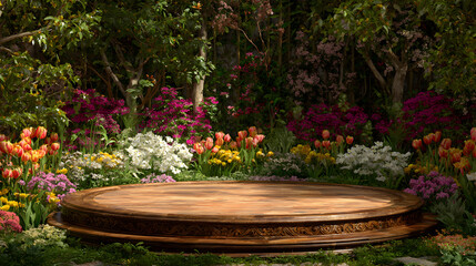 A wooden podium in a lush garden with colorful flowers and trees, creating a vibrant and inviting scene for product display or presentation
