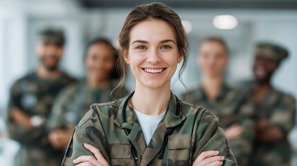 Fototapeta premium A confident female doctor stands at the forefront, smiling and embodying leadership, while a diverse group of military personnel supports her. The setting promotes teamwork and unity
