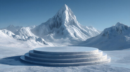 A snowcovered mountain landscape with a podium, creating a winter wonderland scene for showcasing products or winterthemed presentations