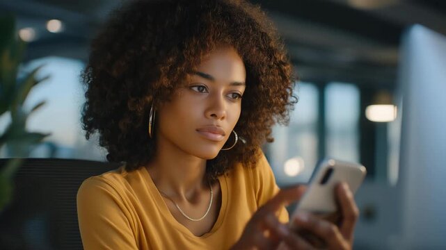 Futuristic workspace where employee consults smartphone&rsquo;s AI assistant for data insights, symbolizing innovation, smart analytics, and seamless integration of mobile artificial intelligence tools.