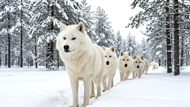 Arctic wolf pack hunts in snowy forest, wild hunter, dangerous animal, nature habitat