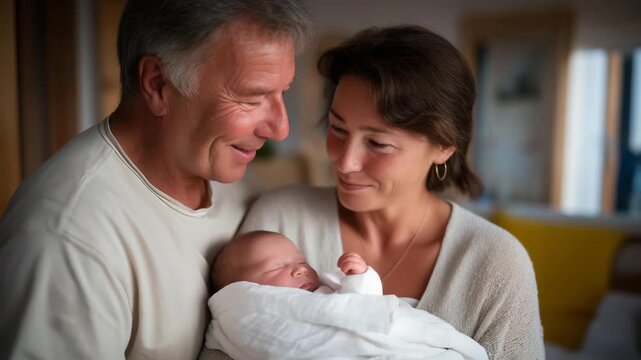 Grandparents gently holding a baby for the first time, eyes filled with joy and nostalgia, representing generational connection, unconditional love, and emotional fulfillment in family heritage and