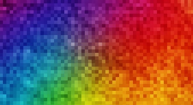 An abstract background featuring a vibrant rainbow color gradient composed of small square pixels.