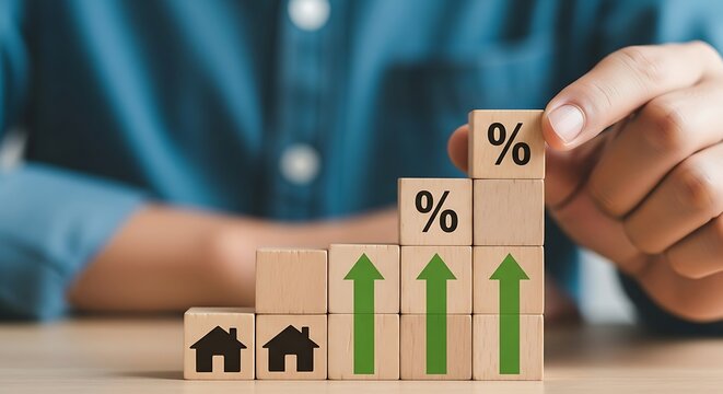 Wooden blocks with house and percentage symbols showing rising real estate market growth