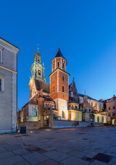 Wawel cathedral illuminated during blue hour, Krakow, Poland