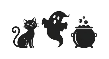 Obraz premium Playful Halloween Silhouette Set — Cat, Ghost, and Cauldron in Cute Minimal Flat Style