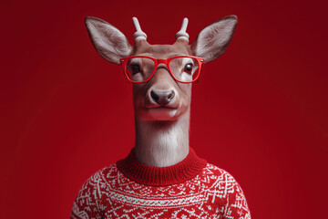 Portrait of deer wearing red eyeglasses and patterned sweater, standing against solid red background, animal facing camera with alert expression, humorous anthropomorphic concept