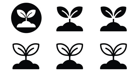 Sprouting plant icons set – silhouette and outline variations symbolizing growth, nature, sustainability, agriculture, and eco-friendly concepts 