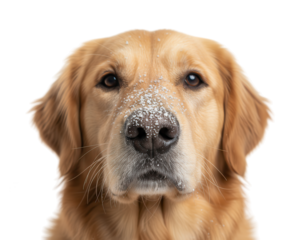 Golden retriever portrait on white background with snow on nose and fur; cute, adorable, canine, winter, dog, happy pet concept, close-up face shot