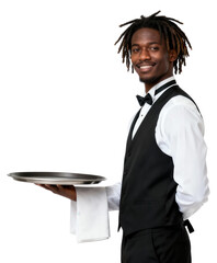 Smiling Black Waiter Holding Tray Isolated on White