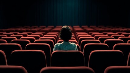 Empty movie theater, one woman sits alone, back to camera, quiet solitude in dim cinematic glow.