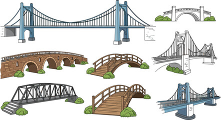 Bridge illustrations set, suspension, arch, cable-stayed, truss, footbridge, stone, wood, metal, architectural design, isolated, engineering concept