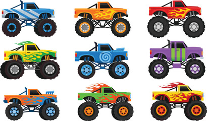 Cartoon monster trucks, colorful designs, flame decals, oversized tires, kids vehicle illustration, off-road style, playful art, isolated, fun © rakib's world