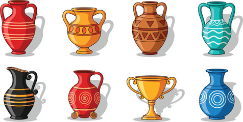 Colorful decorative vases, ceramic urns, artistic pottery, traditional designs, isolated on white, cultural patterns, home decor, vintage style, handmade craft