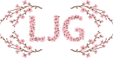 Cherry blossom typography, UG floral letters, pink blossoms, decorative branches, elegant design, nature-inspired art, isolated, branding, spring theme