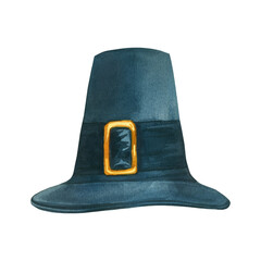Pilgrim's hat, a traditional pilgrim's headdress for Thanksgiving. All objects are hand-drawn and isolated on a white background. For printing on postcards, invitations, costume advertising.