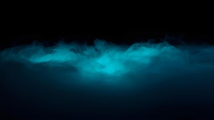 A dramatic horizontal layer of glowing, swirling turquoise and cyan smoke or fog on a solid black background, creating an atmospheric, abstract horizon line with a futuristic and mysterious mood.