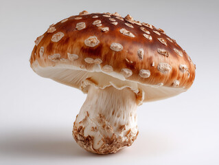 Amanita mushroom with spotted brown cap on white background