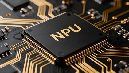 Close-up of a black circuit board featuring a neural processing unit (NPU) chip with golden contacts and traces.