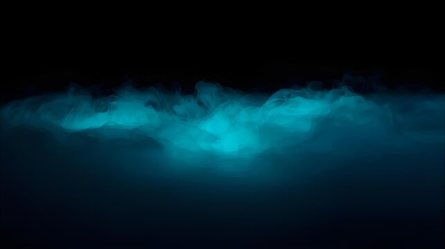 A dramatic horizontal layer of glowing, swirling turquoise and cyan smoke or fog on a solid black background, creating an atmospheric, abstract horizon line with a futuristic and mysterious mood.