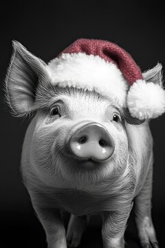 An adorable piglet wears a festive Santa hat against a dramatic, contrast-rich backdrop. A charming and heartwarming image that captures the joy of the holiday spirit.
