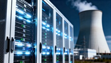 Server racks glowing blue in a modern data center, juxtaposed against a large industrial cooling tower.
