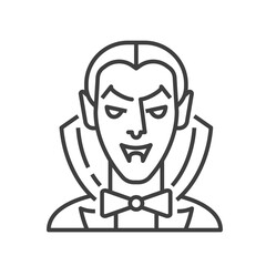 Count Dracula vampire character with fangs, slick hair, cape and tuxedo. Portrait icon in line style. Editable stroke. Spooky Halloween illustration. Holiday decoration, web and app element. Vector