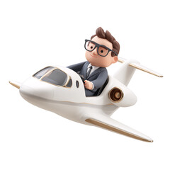 Cartoon businessman flying in a private jet with arms crossed