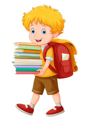 Happy young boy carrying a large stack of books and wearing a backpack