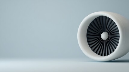A close-up view of a modern jet engine turbine, highlighting its sleek design and intricate blade structure against a minimalistic background.