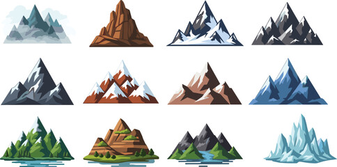 Stylized mountain illustrations, various terrains, snow peaks, rocky cliffs, forested slopes, icy ridges, nature design, geology art, isolated, scenic