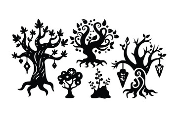 Silhouette Trees: An artistic representation of five different trees, each with a unique design and intricate details, embodying the versatility and beauty of nature.