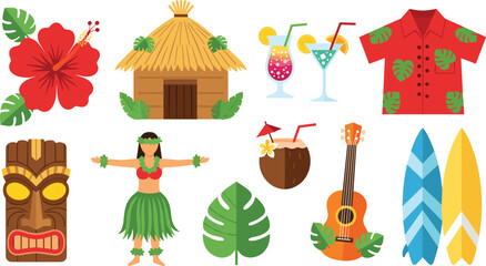 Tropical beach icons, Hawaiian vacation elements, summer party illustration, tiki mask, hula dancer, cocktails, surfboards, hibiscus flower, coconut drink