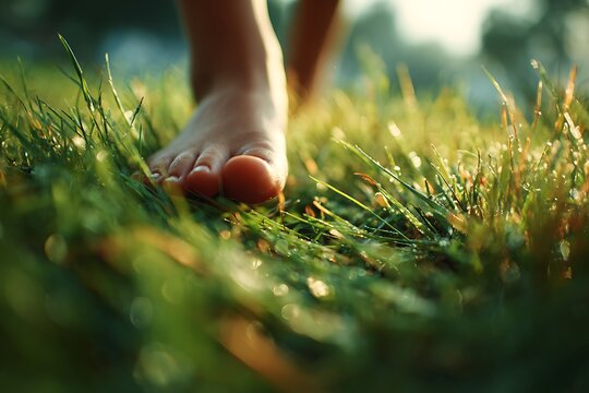 Bare foot stepping on dew-covered, sunlit grass, symbolizing the silent, unseen danger of landmines and unexploded ordnance (UXO) in contaminated lands.