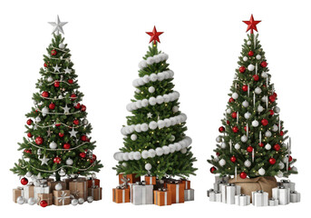 Three decorated christmas trees with presents isolated on transparent background