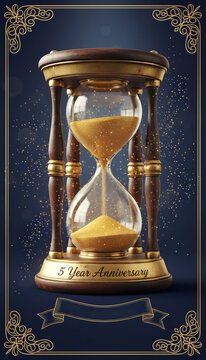 5 year anniversary hourglass with golden sand and ornate frame