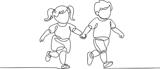 Naklejka premium Continuous single line drawing of toddler girl and boy running hand in hand, childhood friendship and happiness concept illustration