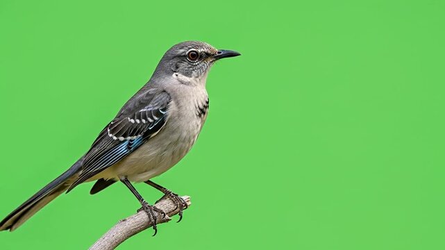 Captivating mockingbird close-up on branch, perfect for dynamic green screen compositing