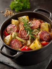 Hearty sausage and potato stew cooking in a dutch oven